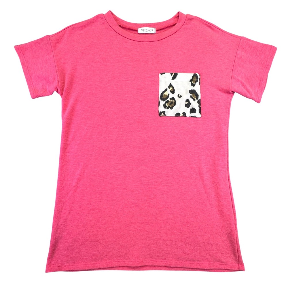 First Love Shirt Women's Small Pink Tunic‎ Top Leopard Pocket Short Sleeve